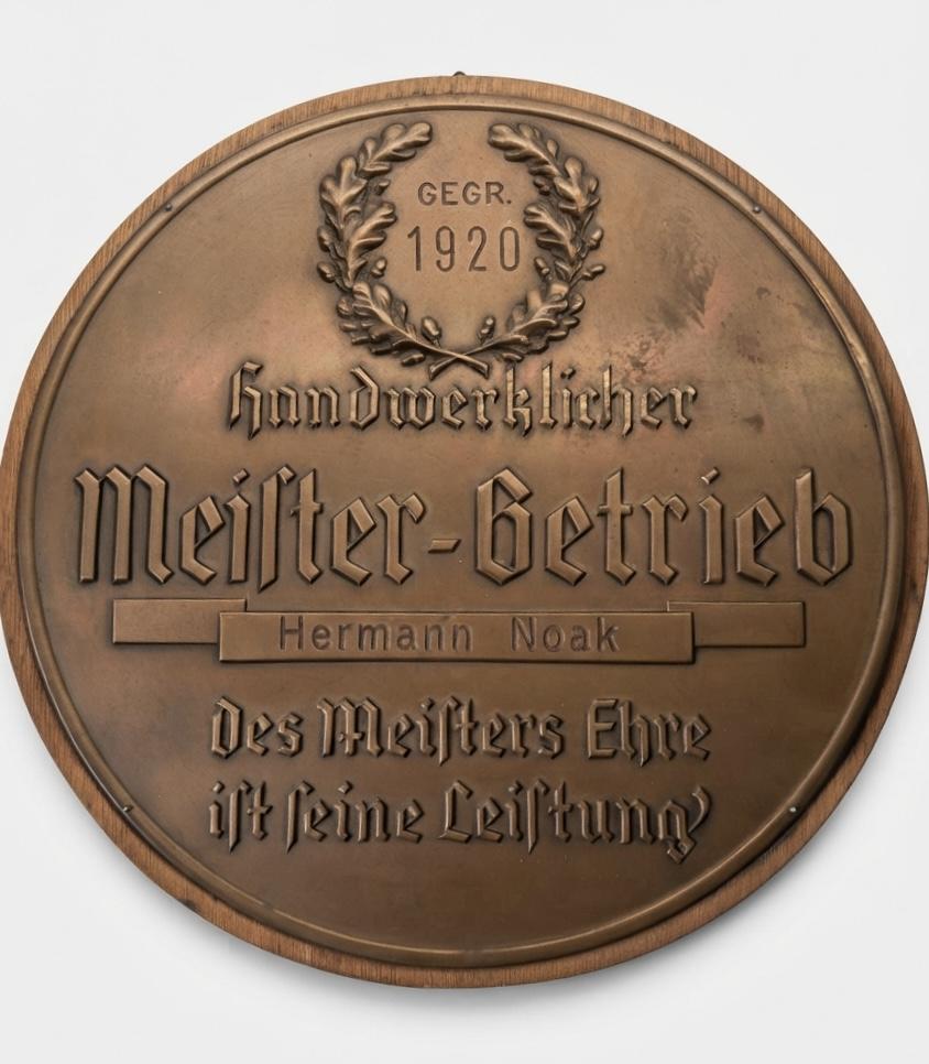 Bronzeplakette mit Eichenlaub: „Gegr. 1920, Handwerklicher Meister-Betrieb, Hermann Noak“